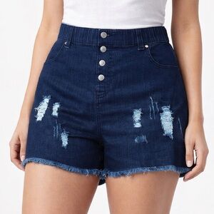 HUE XL High Waist Distressed Denim Shorts Ink Wash NWT Ultra Soft